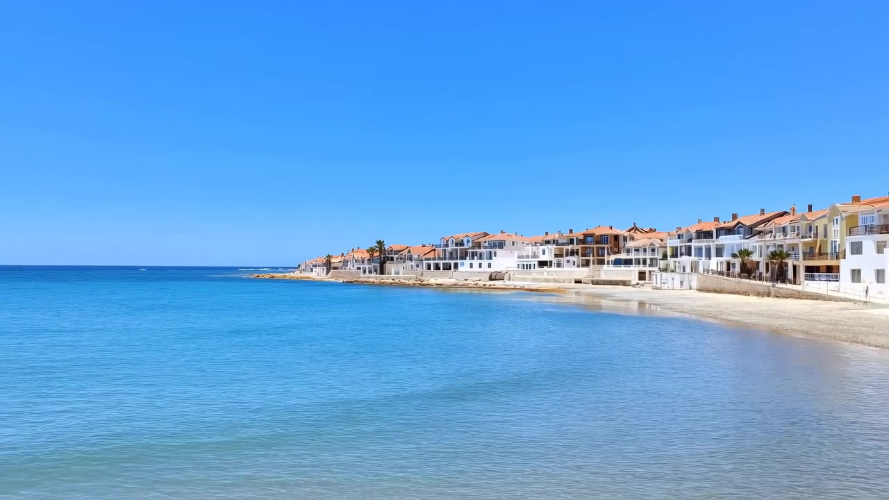 Ampia inquadratura costiera che mostra una fila continua di moderne case basse fronte mare con tetti in tegole di terracotta, facciate bianche e pastello, balconi e terrazze poste su un muro di contenimento rialzato accanto a una stretta spiaggia sabbiosa.