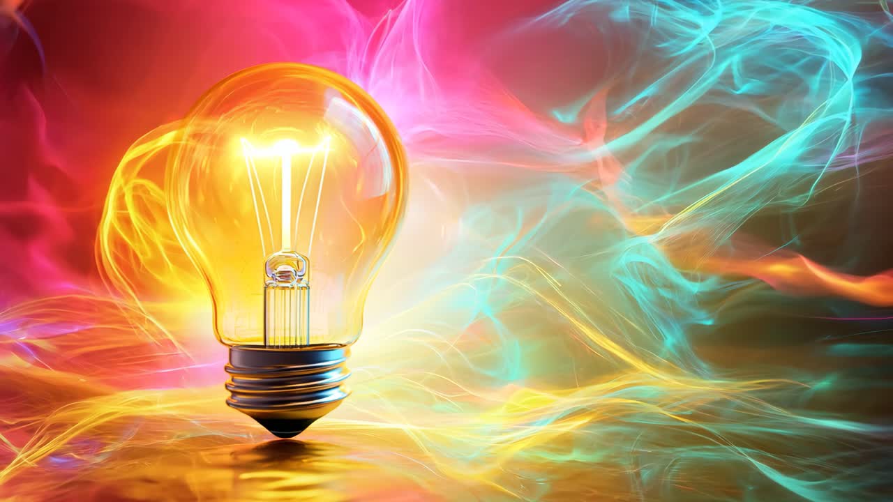 A light bulb is floating in a pool of water. The light bulb is lit up and the water is blue and purple