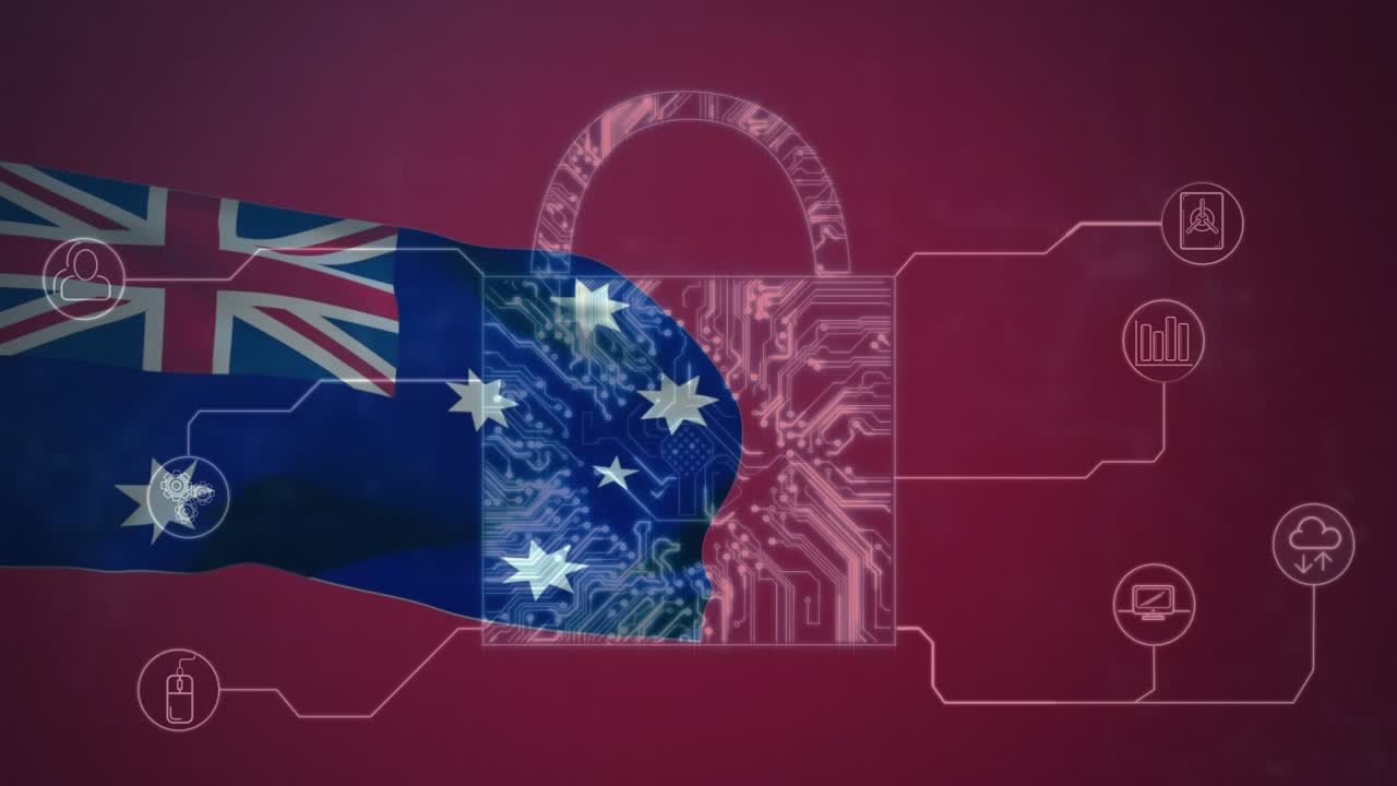 Animasi gembok, pemrosesan data, dan bendera Australia