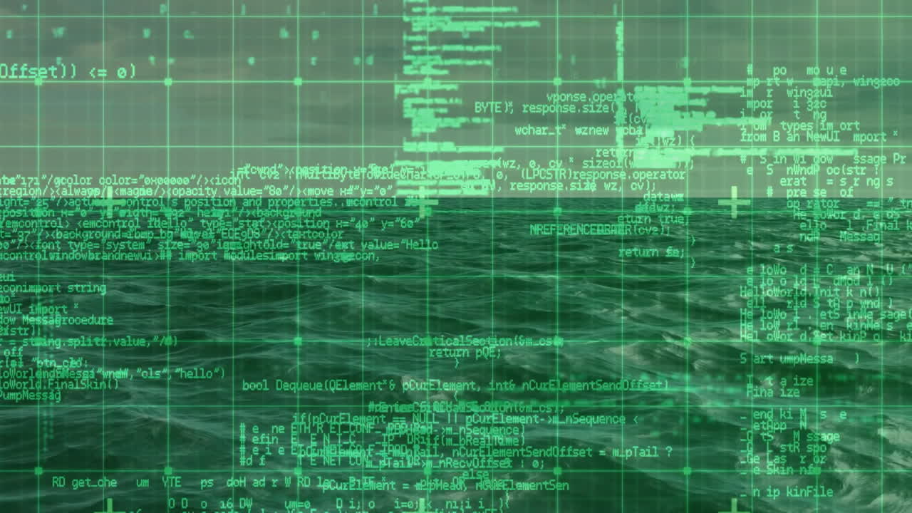 Ocean horizon showing rolling waves, featuring green grid overlay with circular nodes