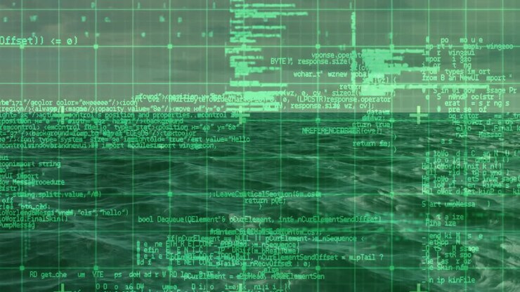 Горизонт океана с накатывающими волнами, с наложением зеленой сетки и круглыми узлами.