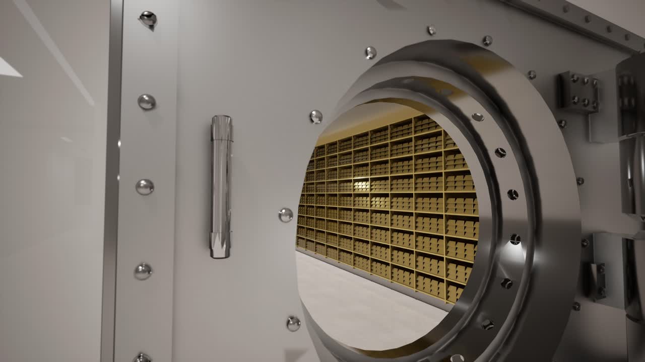 Bank Vault Door Open with Rows of Gold Bars Inside