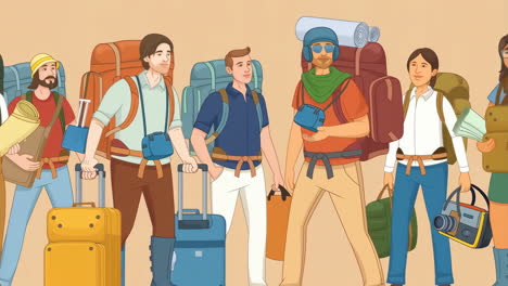 a diverse group of travelers with backpacks and suitcases, ready for their journey
