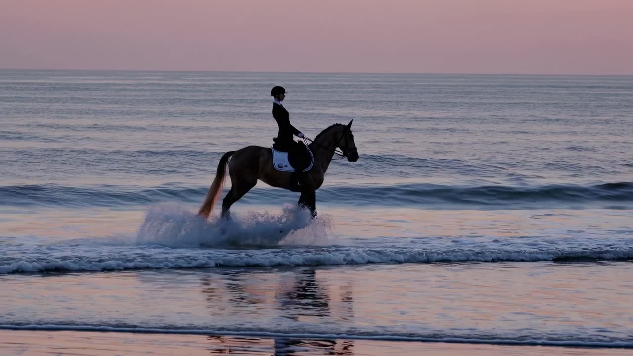 Equitazione sulla spiaggia all'alba o al tramonto