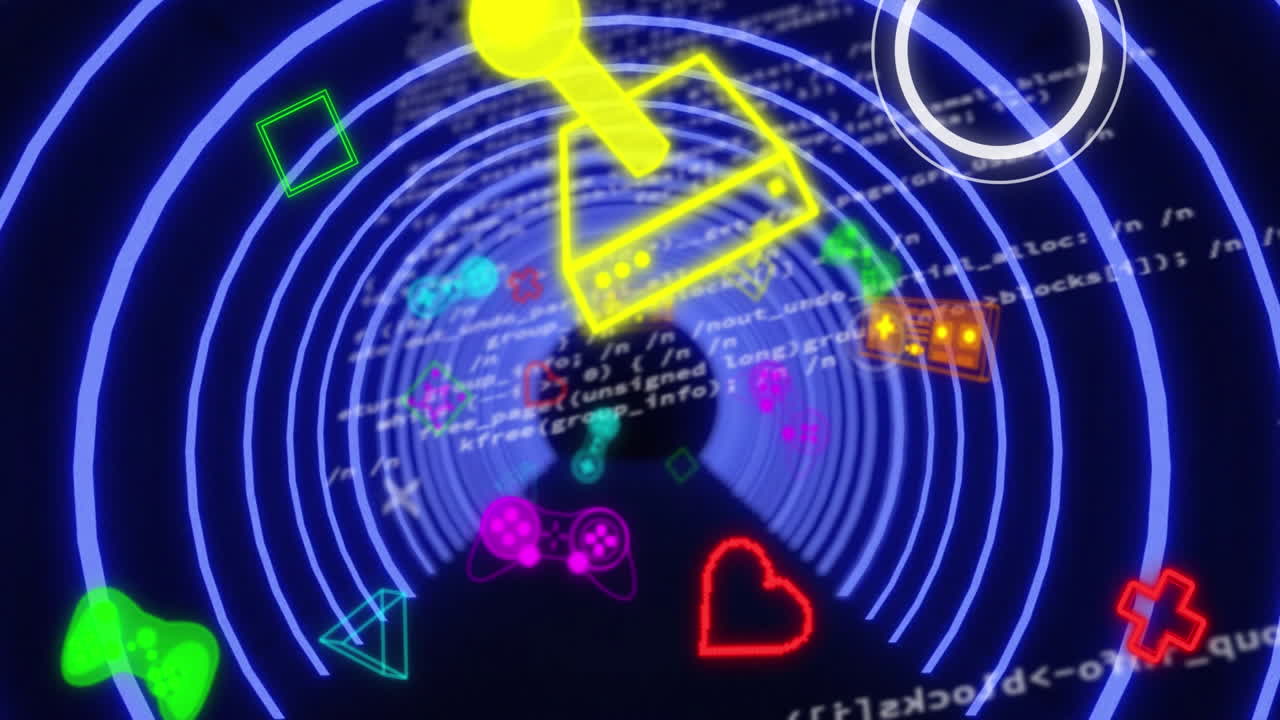 Animation of gaming icons over neon circles