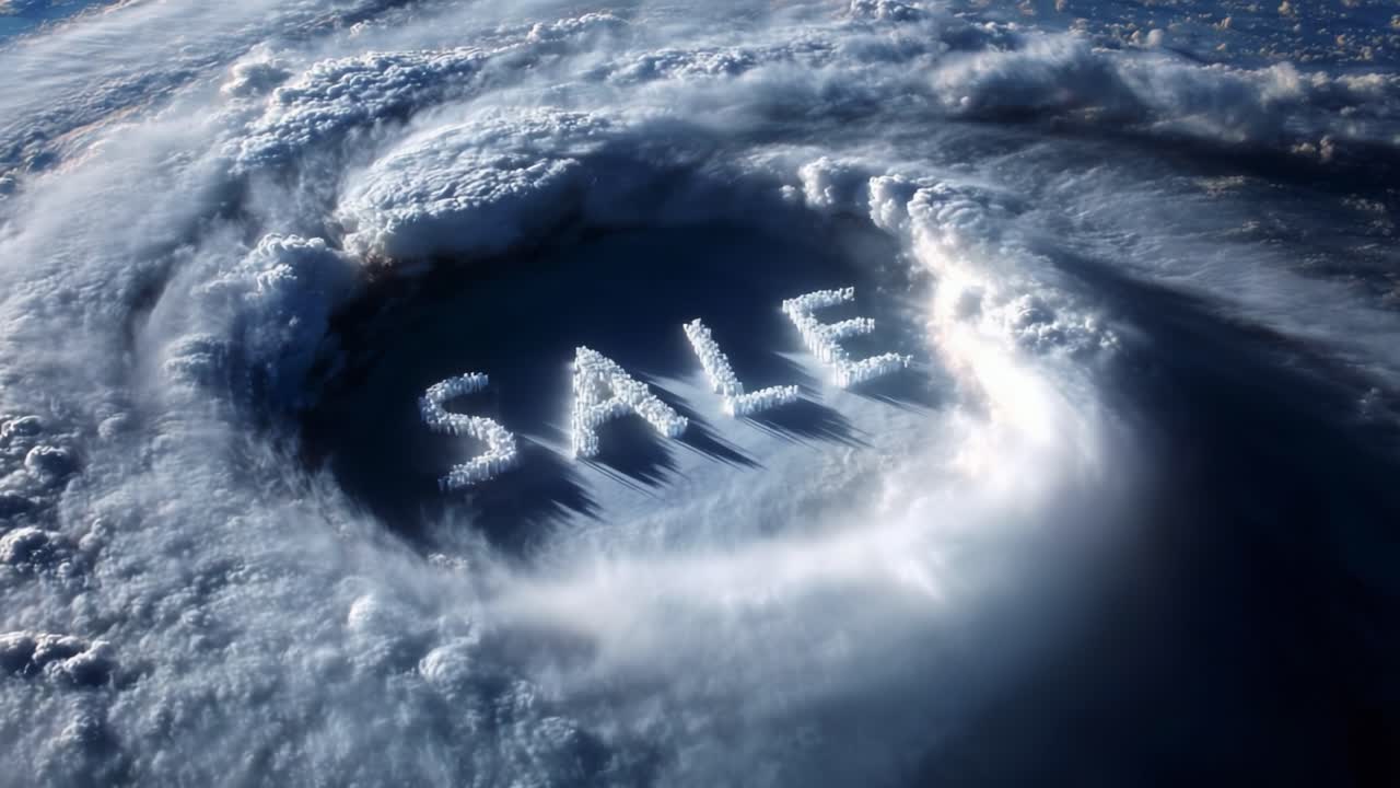 Breathtaking aerial view showcasing a captivating natural phenomenon where swirling clouds create a stunning circular formation around the word 'SALE', highlighting dramatic weather patterns