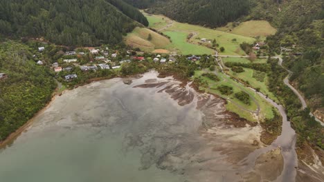 whatamango bay at low tide, new zealand. aerial top-down view