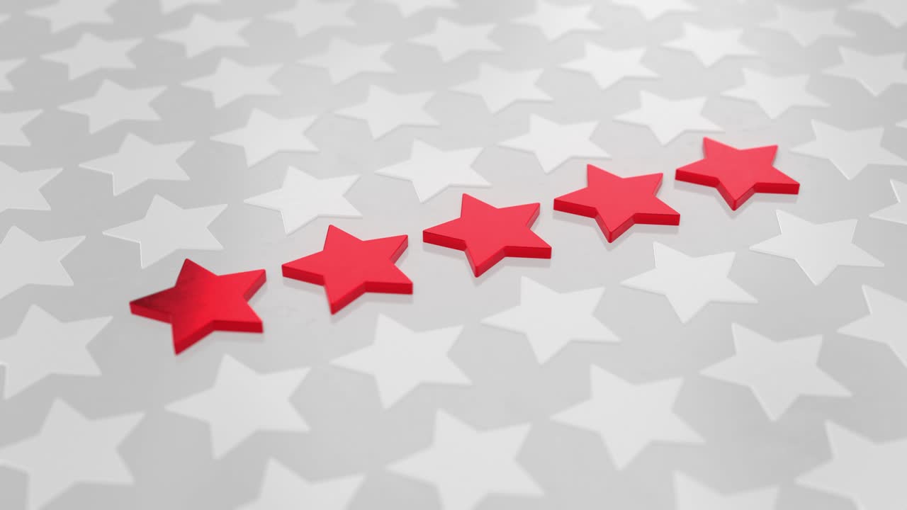 5 개의 빨간 금속 별 등급 애니메이션 3d 렌더링