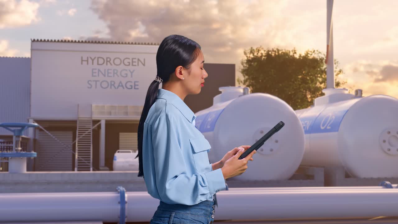 하이테크 산업 시설인 녹색 수소 공장에서 서있는 아시아 여성 전문 노동자의 측면 뷰, 그녀는 태블릿에 집중하고 확인하기 전에 올려다보며 관찰합니다.