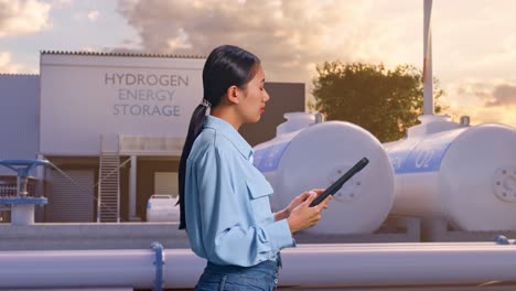 side view of an asian female professional worker standing at green hydrogen factory, high-tech industrial facility, observes by looking up before she come to concentrating on the tablet and keep on checking