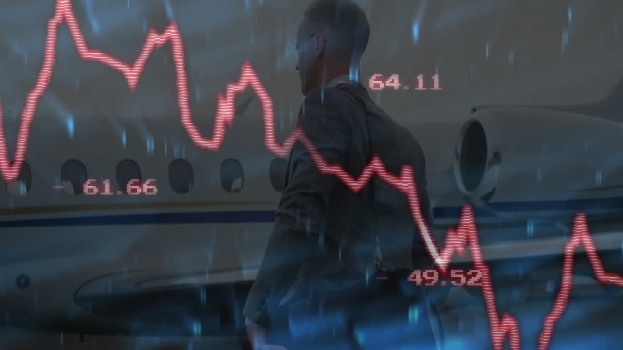 Walking past private jet, businessman with stock market animation in background