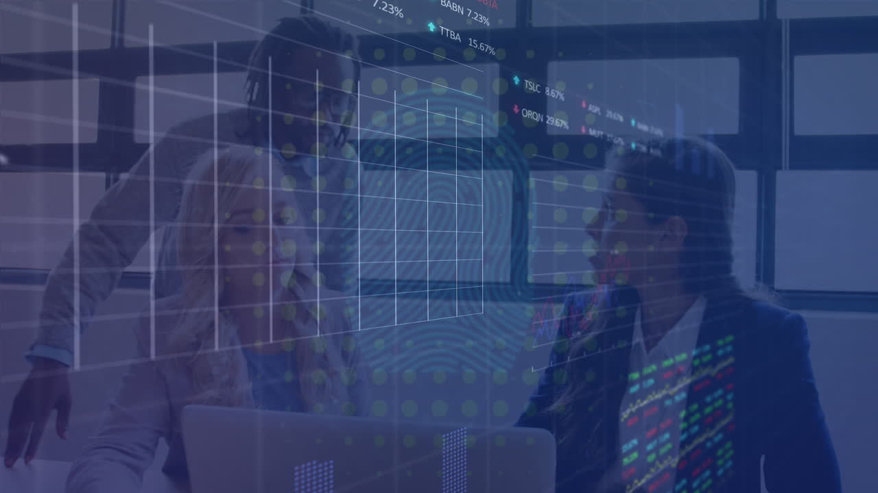 Animation of stock market data processing against diverse colleagues discussing together at office