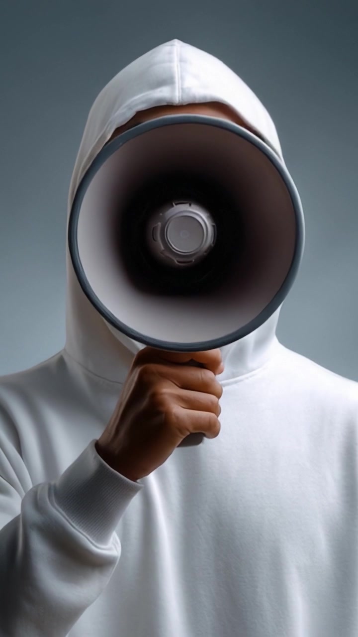 Una persona con una felpa bianca con cappuccio sta in piedi con sicurezza con un megafono, trasmettendo un messaggio potente e rappresentando lo spirito di attivismo e comunicazione.