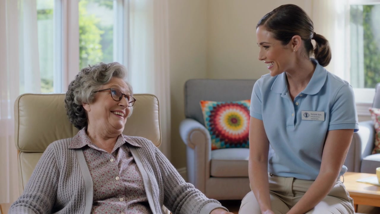 Anziano sorridente su una poltrona reclinabile che sorride a un assistente con una polo azzurra, il quale si china mostrando un badge.