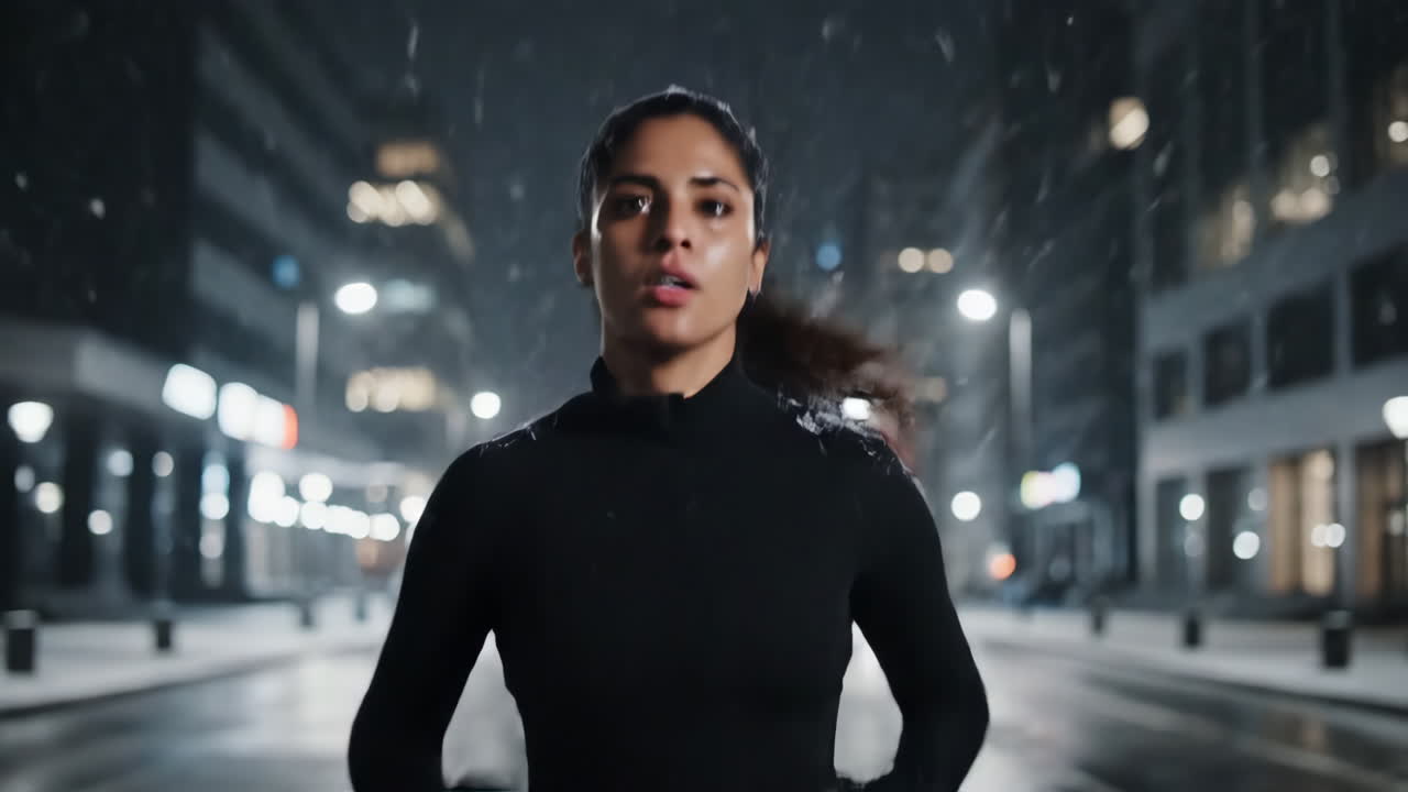Woman Running Through a Snowy City Street at Night