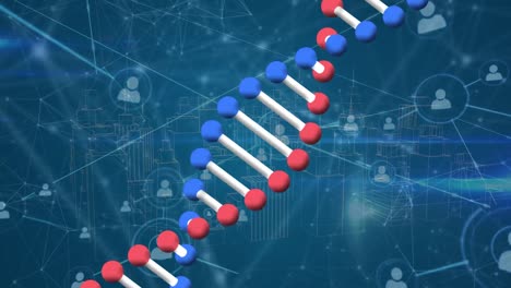 Animación-De-La-Estructura-Giratoria-Del-ADN-Y-La-Red-De-íconos-De-Perfil-Contra-El-Modelo-Giratorio-De-La-Ciudad-En-3D