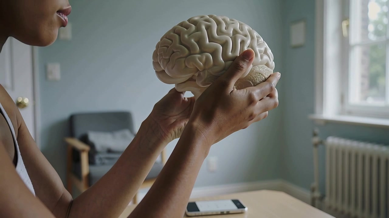 Donna in canotta che allunga la mano sinistra, solleva e ruota un modello di cervello a casa, studiando con il telefono vicino