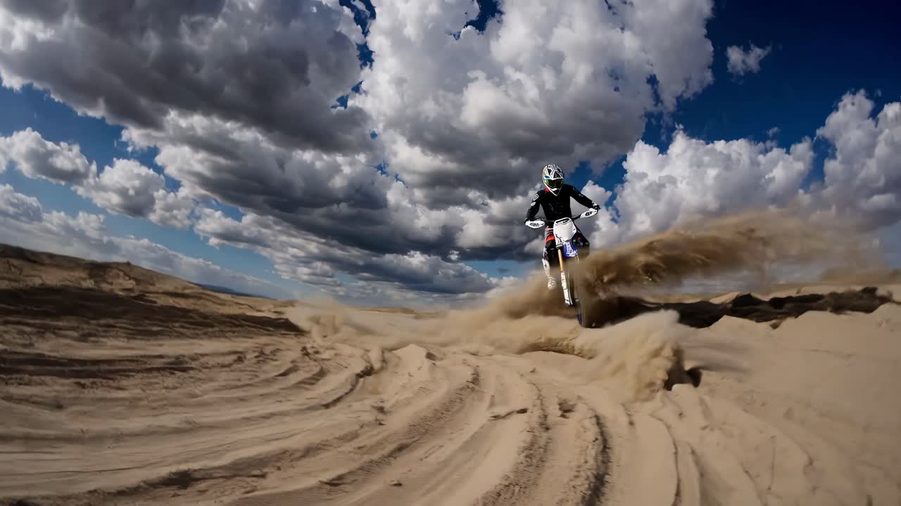 Dynamic low-angle video shot of a motocross rider kicking up sand on a desert track