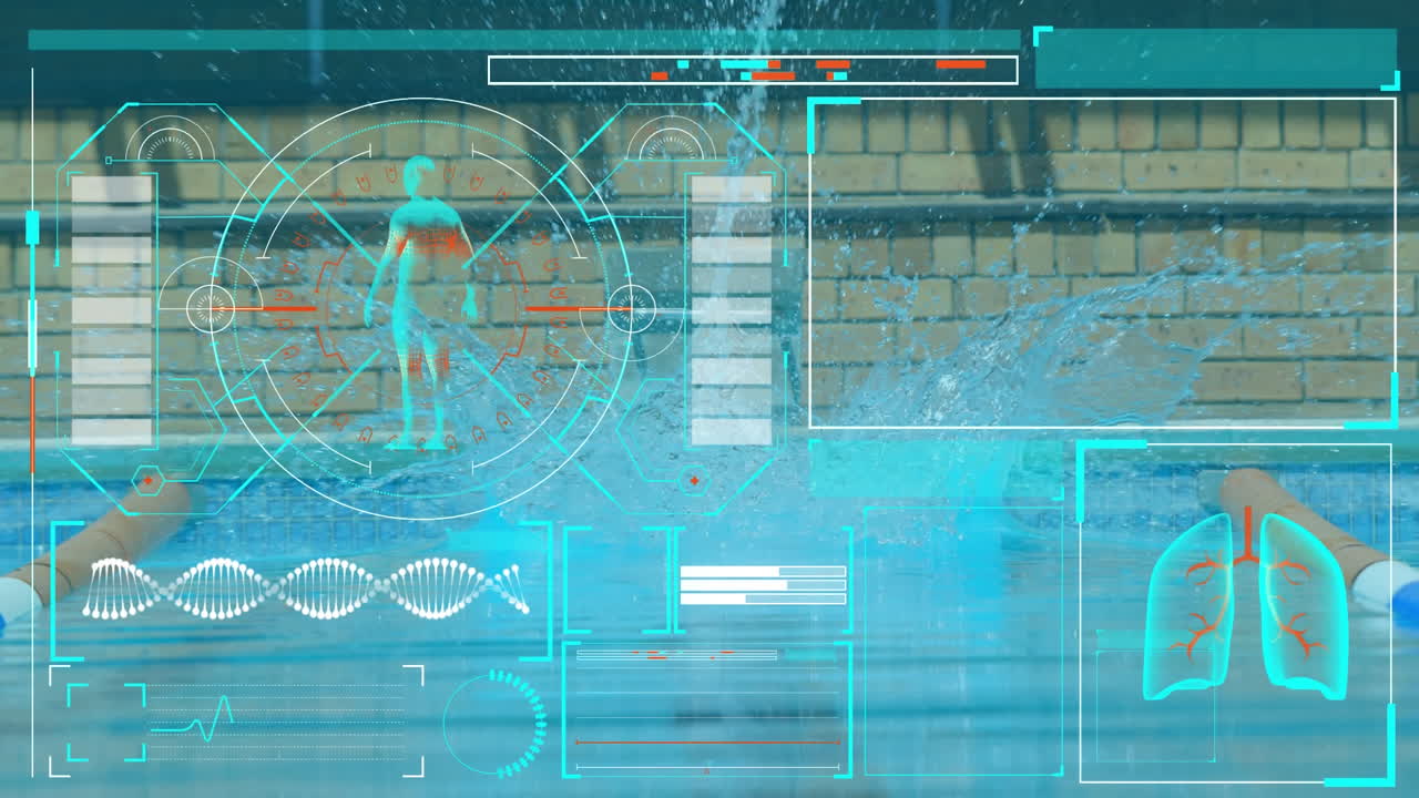 interfaz digital médica contra el nadador masculino saltando en la piscina