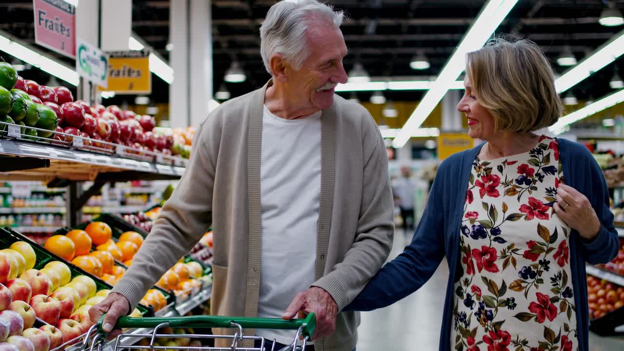 A candid video shot of an elderly couple shopping in a grocery store, captured from a side angle