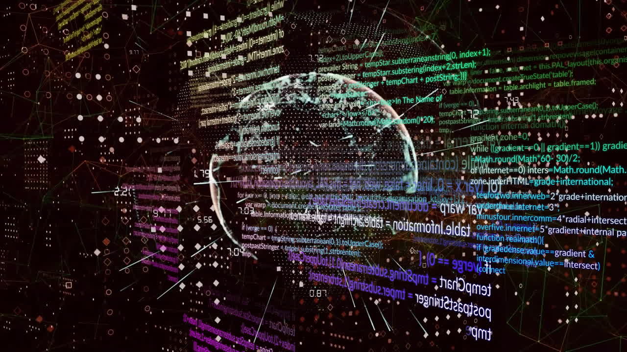 animación del procesamiento de datos sobre el globo y las conexiones en fondo negro