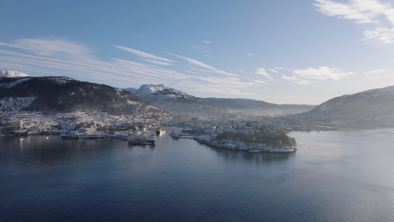 Panoramic aerial view of Bergen and the surrounding mountains covered in snow on a beautiful winter day