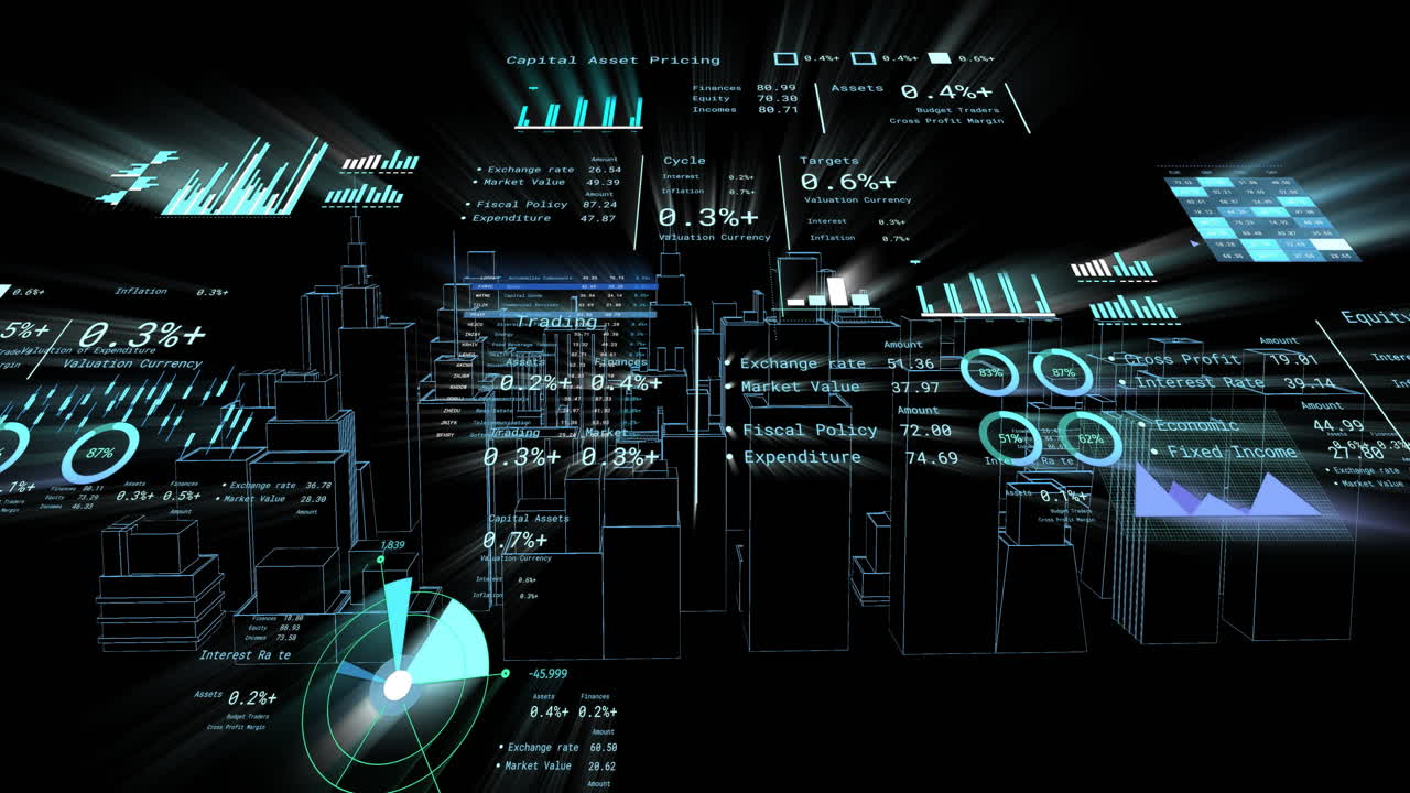 Financial data and graphs overlaying futuristic cityscape with animation elements