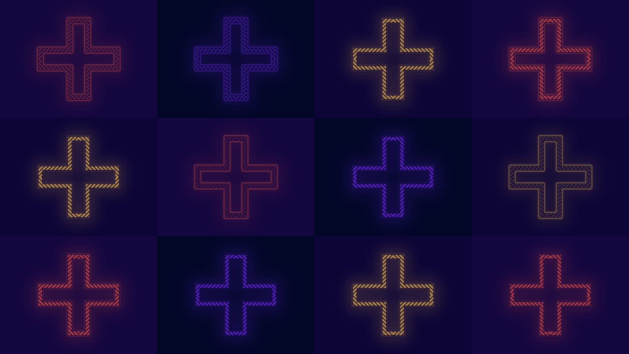 네온 컬러풀한 더하기 기호 패턴이 행으로 깜박입니다.
