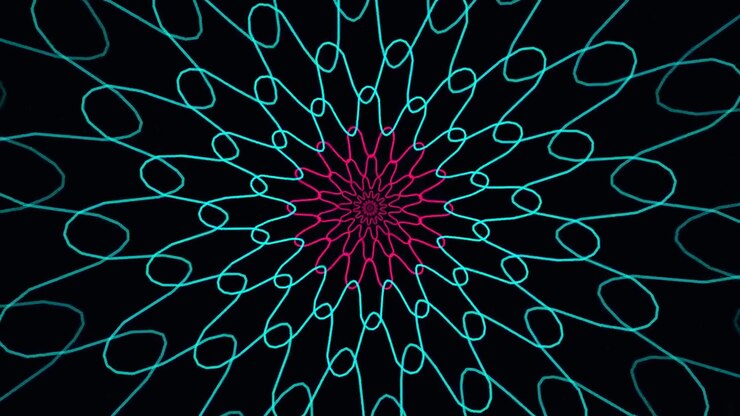 Padrão geométrico abstrato de mandala neon pulsando em fundo preto