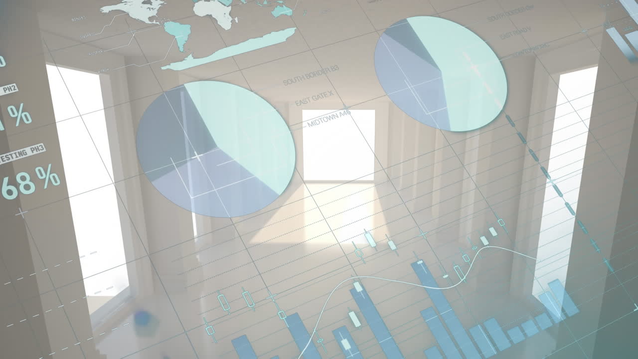 animación del procesamiento de datos estadísticos a través de la red de red contra el corredor de oficinas vacío
