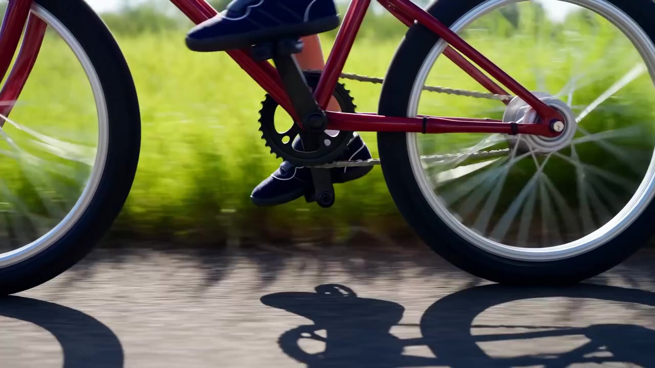 明るい日中の光の中、舗装された屋外の道路で赤い自転車を漕ぐライダーの側面図。車輪は回転し、チェーンが見え、脚が動いている。柔らかい背景を背にして。