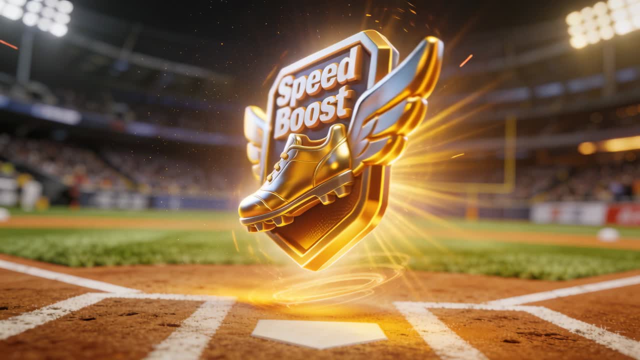 Anel brilhante ativando um distintivo alado dourado de 'Aumento de Velocidade', girando acima da base principal (home plate) e sinalizando um impulso.