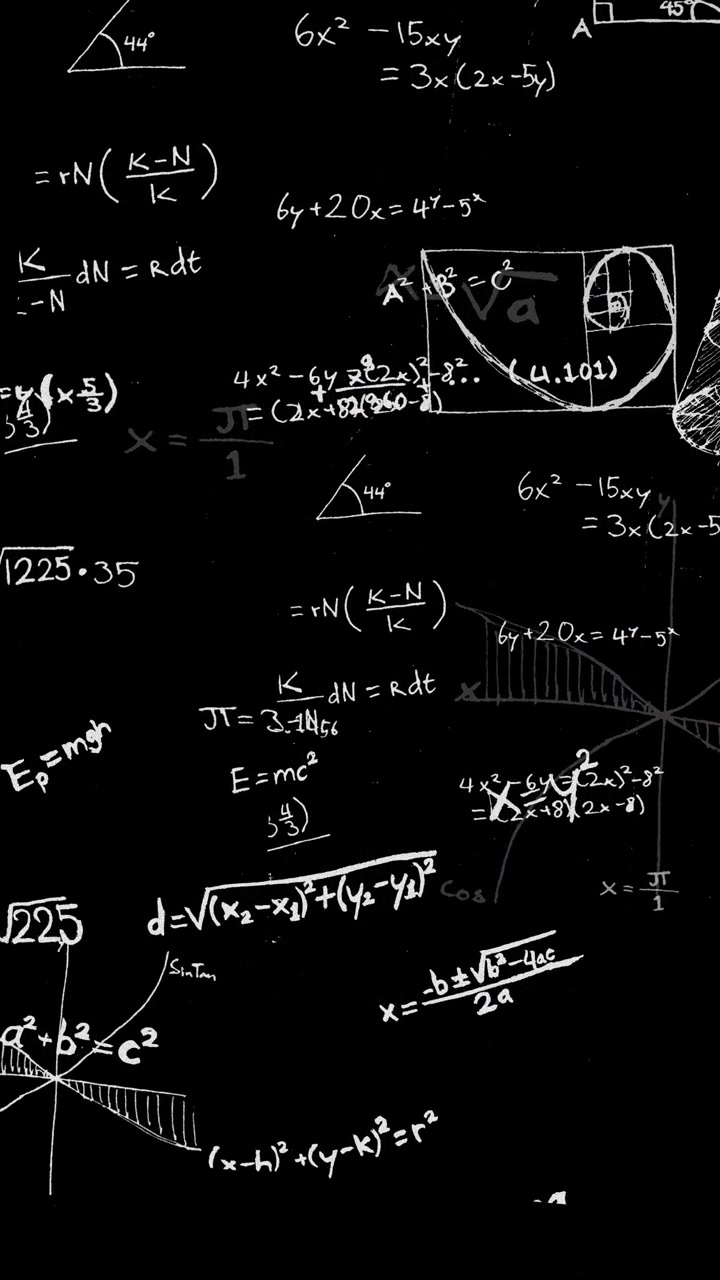 3D animated hand-drawn math formulas drifting slowly on deep dark background. Chalkboard vertical 4K overlay footage.