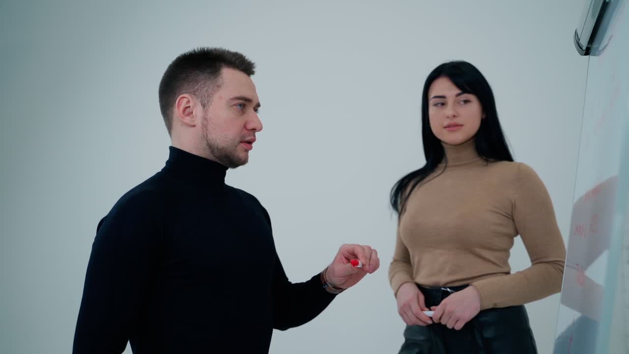 Business people discussing presentation. Man using white board in small team meeting