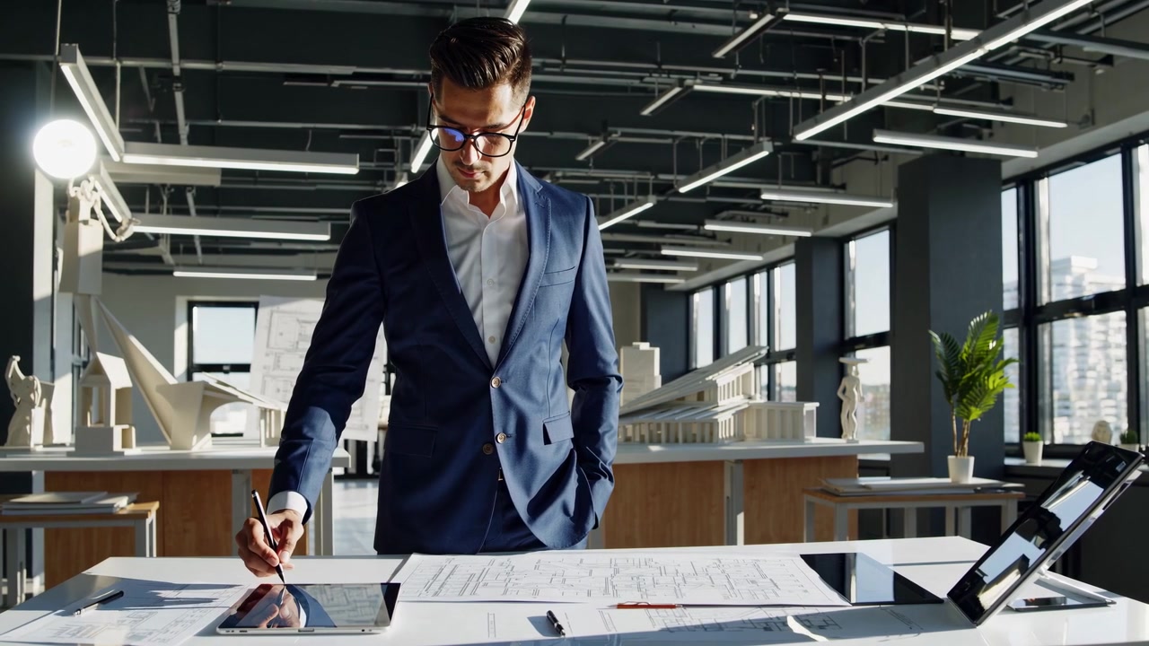 Arquitecto trabajando en planos en una oficina moderna