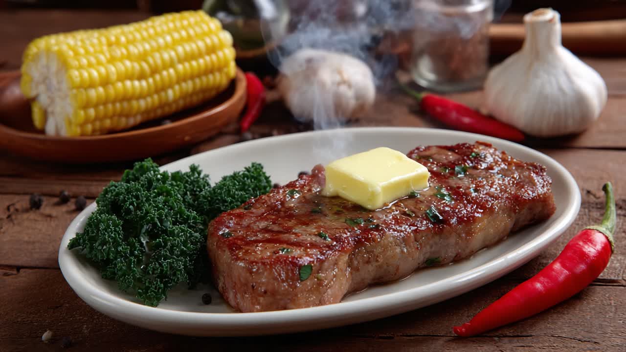 A Succulent Grilled Steak with Butter, Accompanied by Fresh Vegetables and Corn, Resting on a Wooden Table Surrounded by Culinary Ingredients