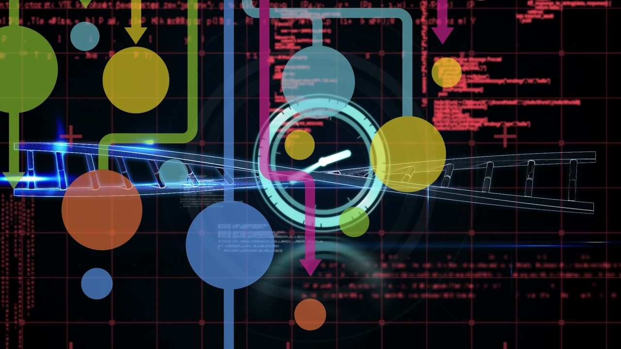 Animation of digital interface with network of connections with arrows on dark background