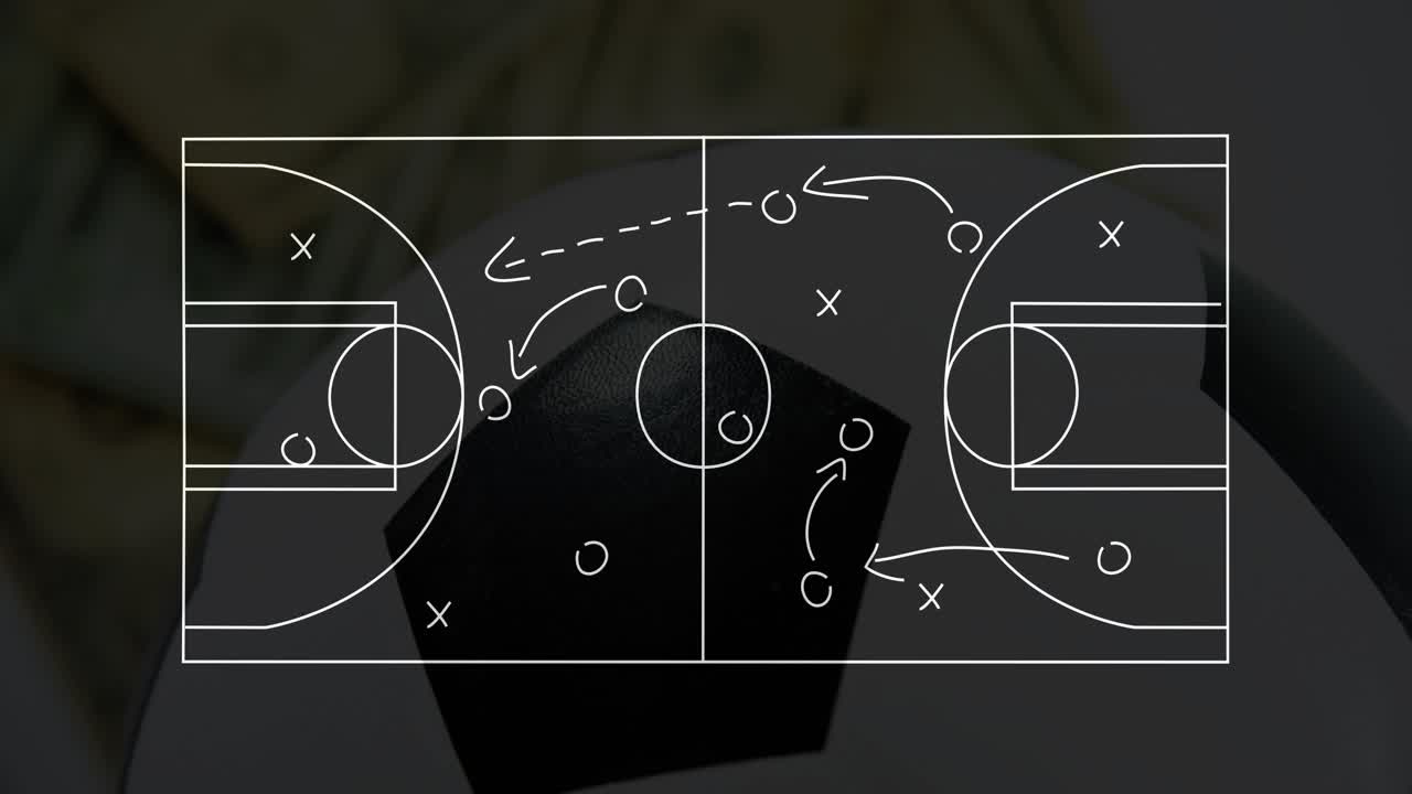 Pentagon starting sports court overlay drawing, tactical X or O marks and arrows evolving for coachi