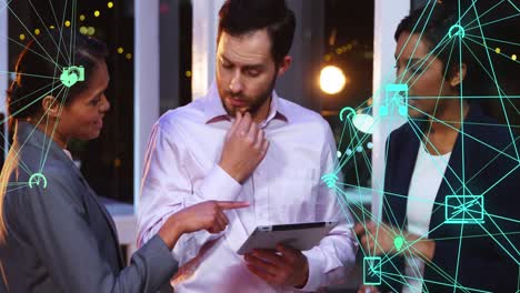 animation of network of connections with icons over business people