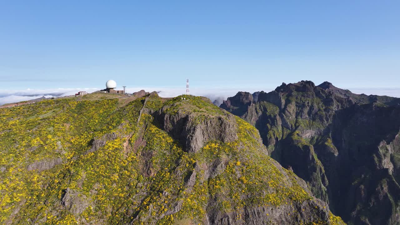 Miradouro do Juncal viewpoint on high-altitude Pico do Areeiro, Madeira. Drone