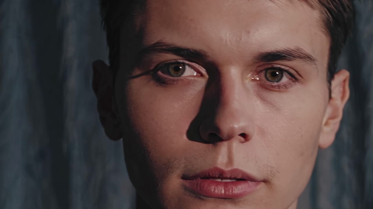 Close-up video still of a person's face in shadow, side-lit for dramatic effect, with a focus