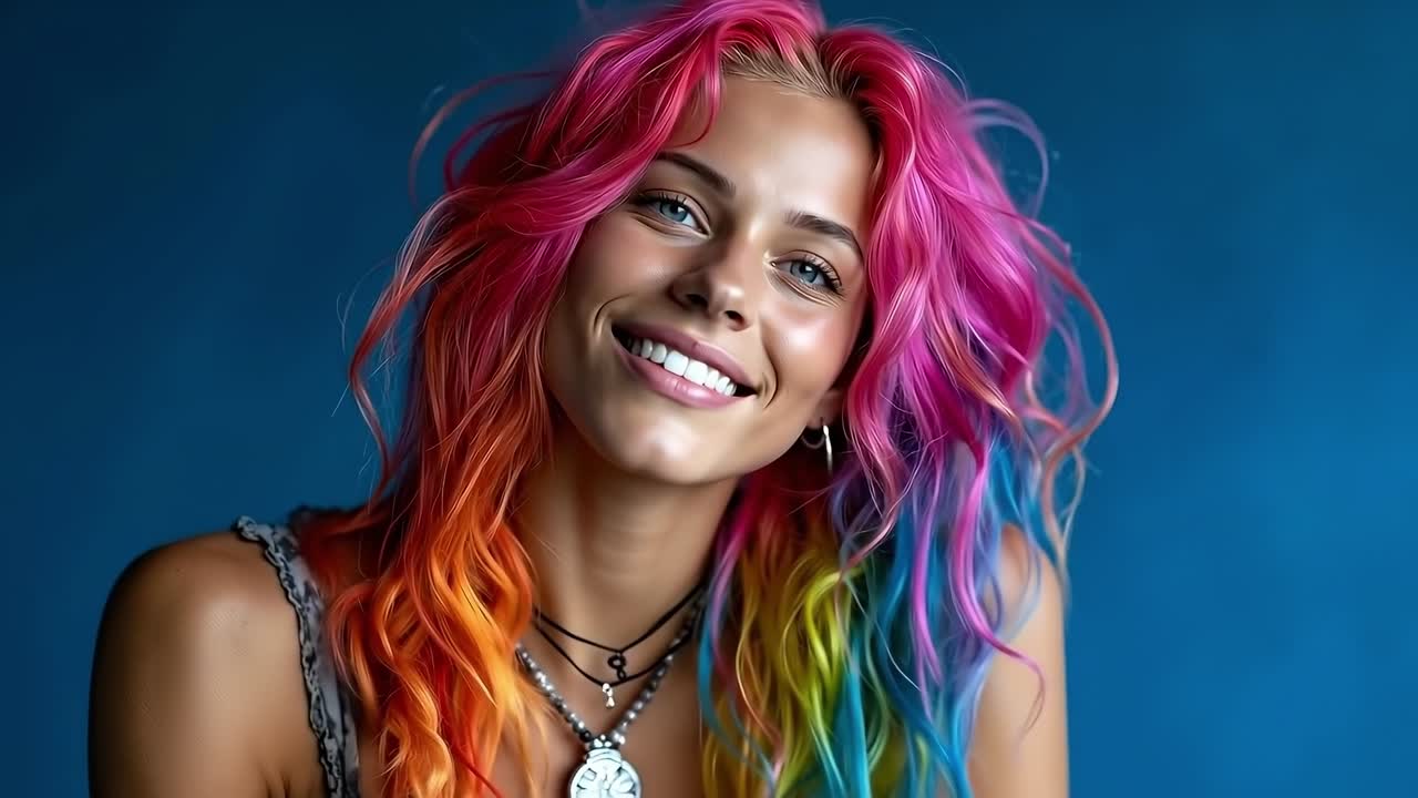 카메라에 미소 짓는 밝은 색의 머리카락을 가진 여자