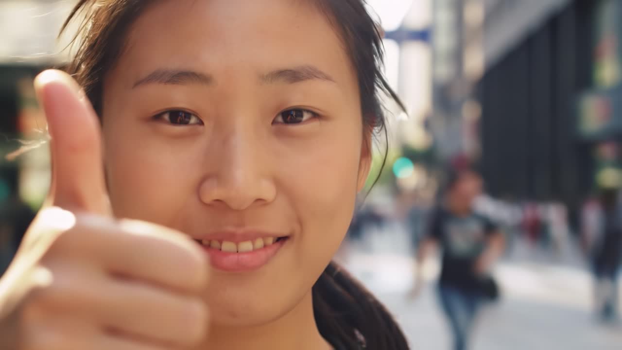 A young woman stands on a bustling city street, smiling and giving a thumbs up. The lively atmosphere captures the energy of urban life, filled with people and activity.