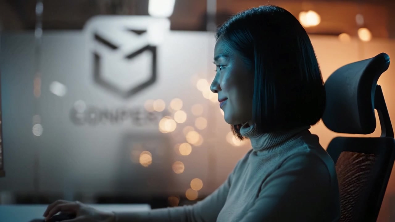 Woman Focused on Computer Screen in an Office Environment at Night, Illuminated by Soft Lights Creating a Professional and Engaging Atmosphere for Work.