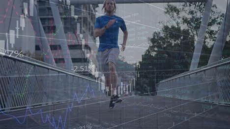 animación de gráficos con números cambiantes y mercado de valores sobre hombre caucásico corriendo al aire libre