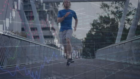 animation of graphs with changing numbers and stock market over caucasian male running outdoors