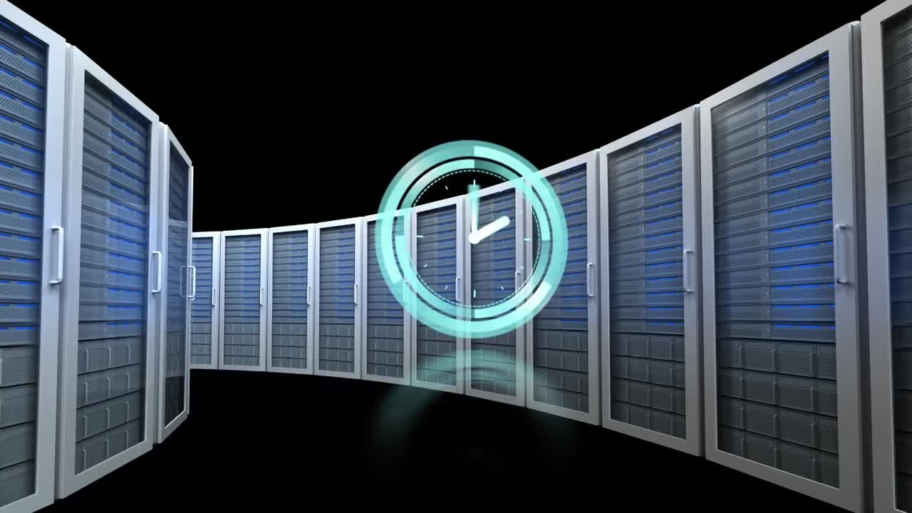 Animation of clock moving fast over computer servers
