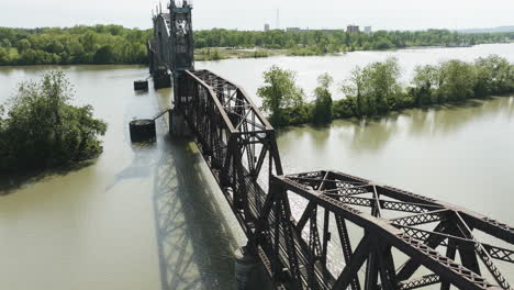 Aerial-View-Of-Railroad-Bridge-Over-Lee-Creek-River-In-Van-Buren,-Arkansas