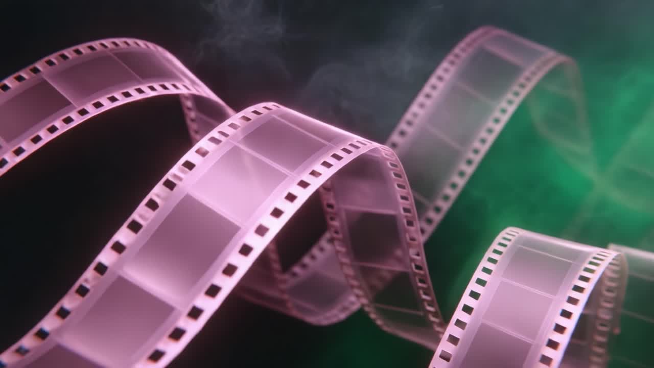 A Mesmerizing Showcase of Abstract Film Strips Twisting Through the Ether, Illuminated by Vibrant Colors and Enshrouded in Mystical Smoke Effects