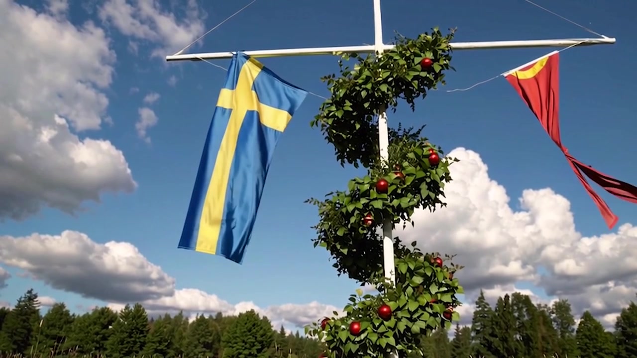 Albero di Midsommar svedese decorato con foglie e mele